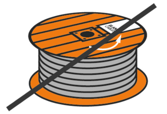 Illustration showing a cable drum on its side as the incorrect way of storing it