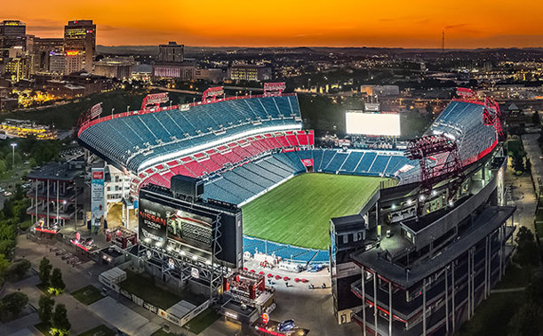Nashville Nissan stadium seen from the sky at dusk