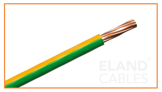 A green and yellow 6491X cable close up compliant with UK wiring colours